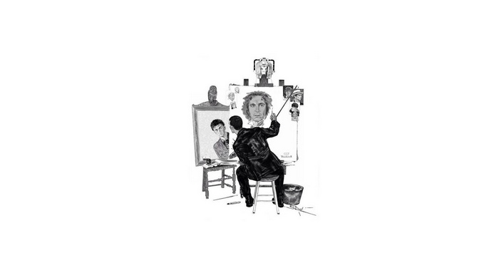 Artist painting a self-portrait with multiple faces