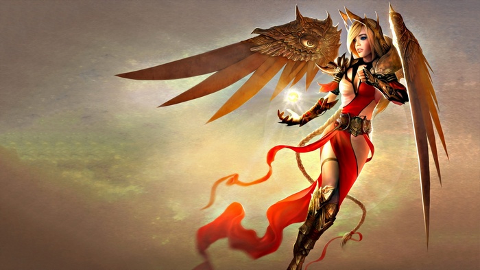 Angel with golden wings and red dress