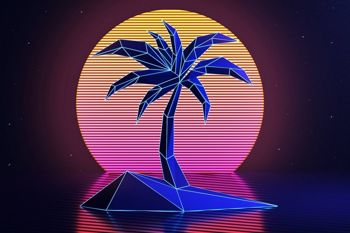 Low poly palm tree on an island at sunset
