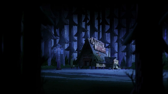 Mystery Shack in Gravity Falls forest at night