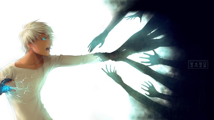 Anime boy with glowing eyes fighting shadowy hands
