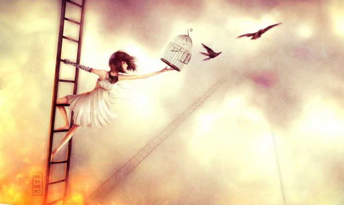 Anime girl releasing birds from a cage on a ladder