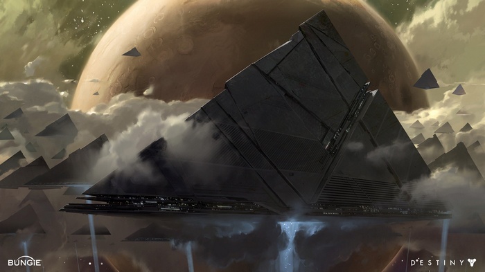 Destiny: Pyramid ships in orbit around a planet