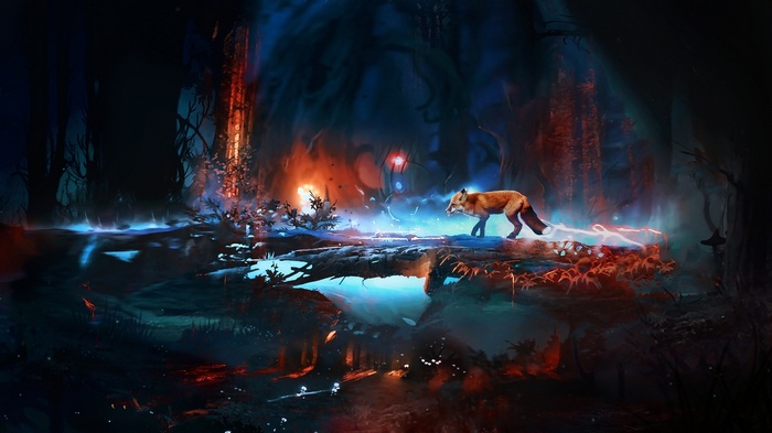 A fox walks through a magical forest with a lake