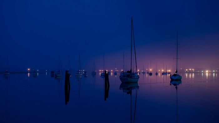 Sailboats docked in a harbor at dusk