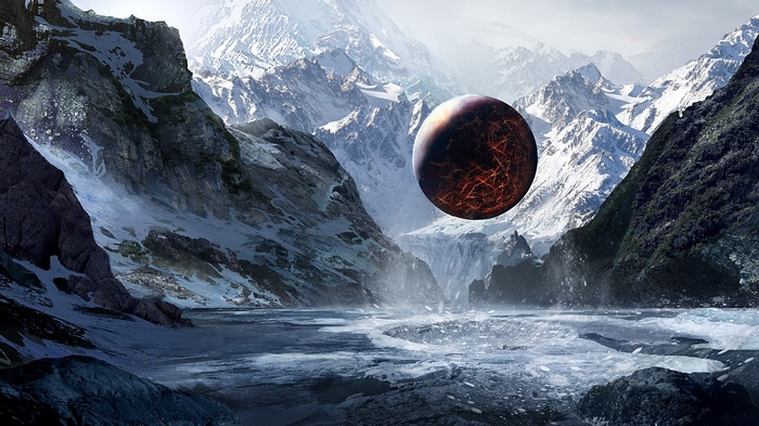 A fiery planet hangs in the sky above snowy mountains