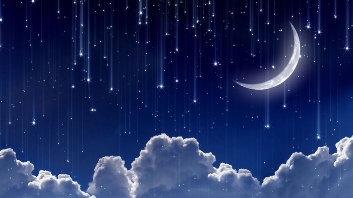 Crescent Moon and Falling Stars in a Night Sky