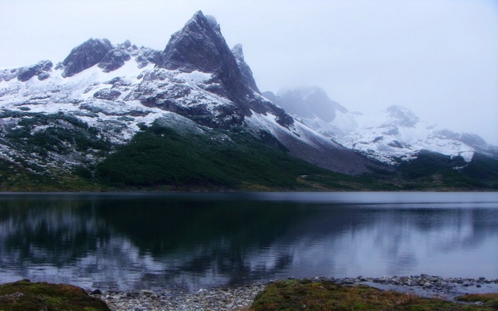 Snowy mountains reflected in a lake in Chile
