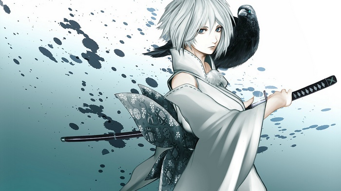 Anime girl with white hair and a crow holding a katana