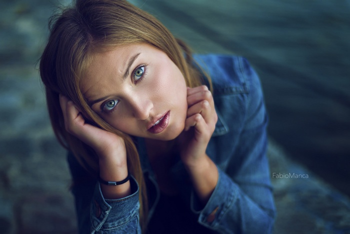 Portrait of a blonde woman with blue eyes