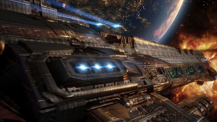 Massive spaceship in space with a planet and nebula