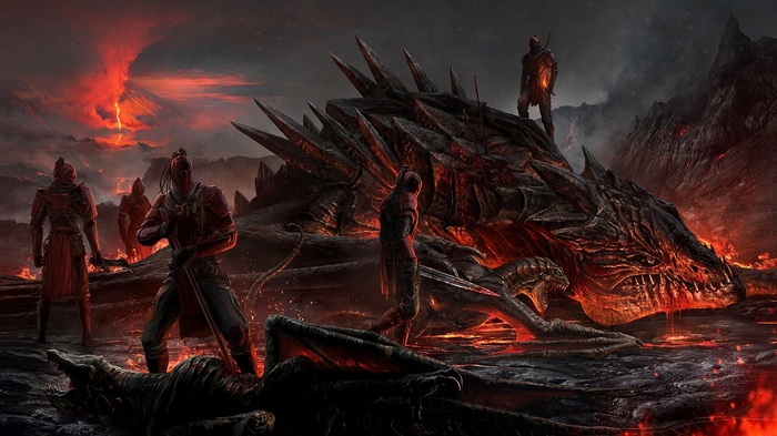 Warriors stand over a dead dragon near a volcano