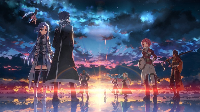 Sword Art Online characters at sunset with reflections