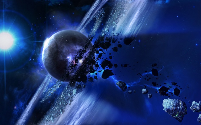 Planet with asteroid ring in deep space