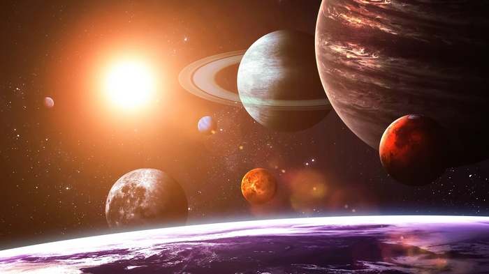 The Sun and planets of the Solar System in space