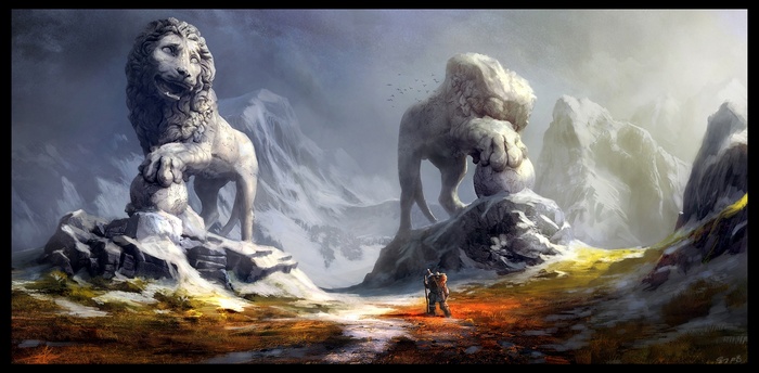 Warrior stands before lion statues in snowy mountains