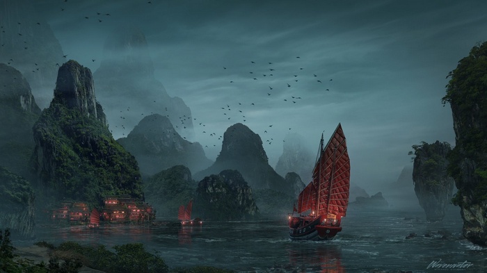 Junks sailing through a misty mountain landscape