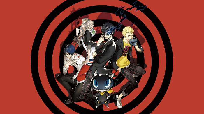 Persona 5 characters and Morgana on red target background