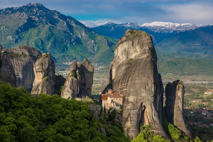 Meteora monasteries perched on rock formations in Greece