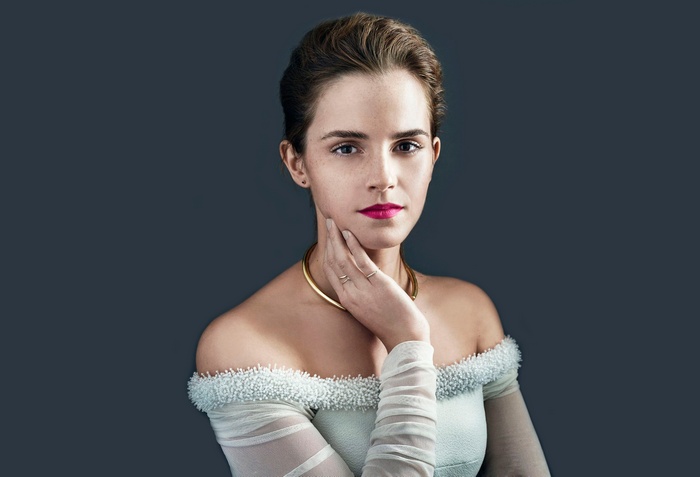 Emma Watson in a white off-the-shoulder dress