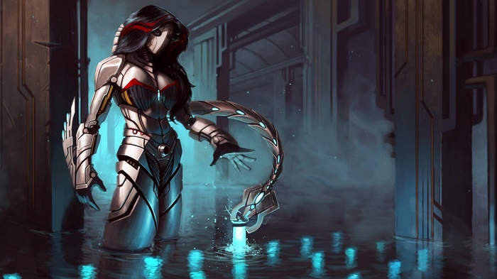 Cyborg with mechanical tail in a flooded chamber
