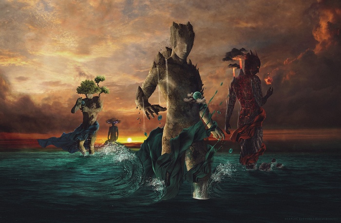 Four elemental beings in a sunset ocean