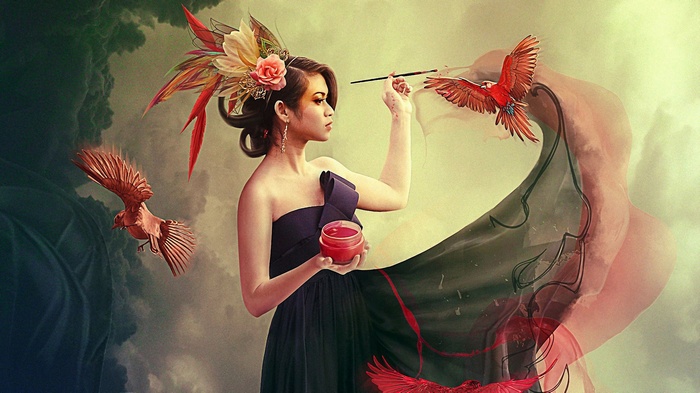 Fantasy art of a woman painting birds
