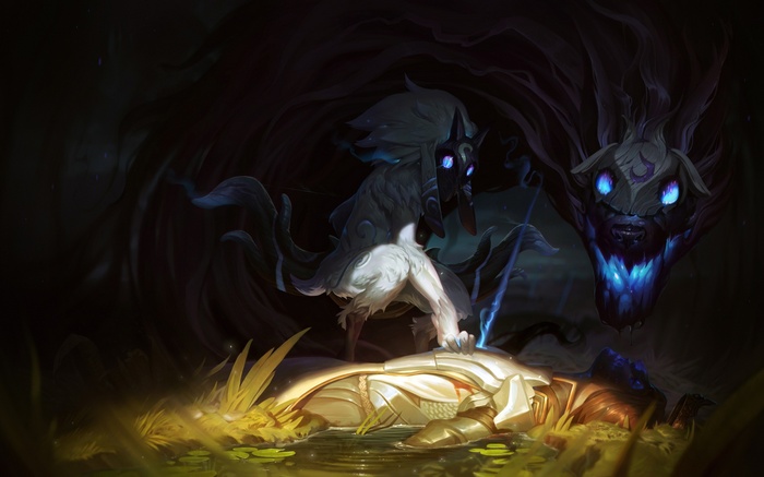 Kindred from League of Legends with a fallen warrior