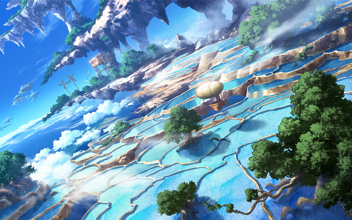 Anime artwork of a fantastical floating island landscape