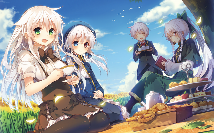 Anime girls having a tea party in a sunflower field