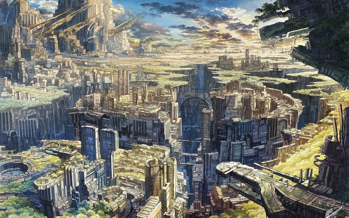 Anime artwork of a futuristic, layered city with advanced architecture