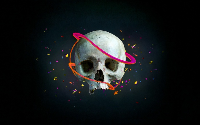 Skull with colorful rings and confetti