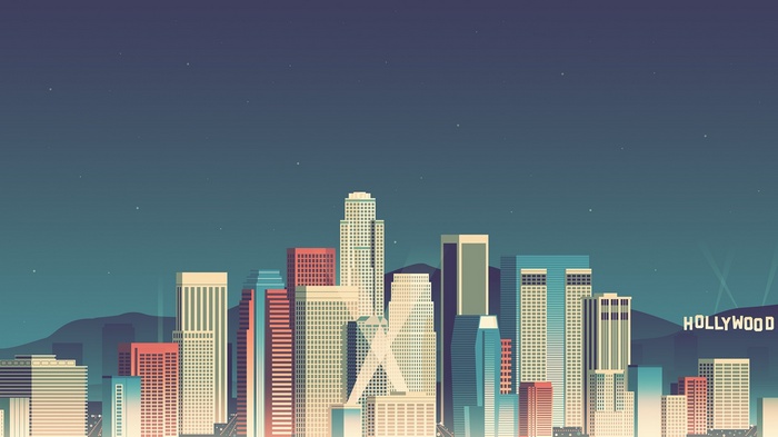 Hollywood skyline at night with stars