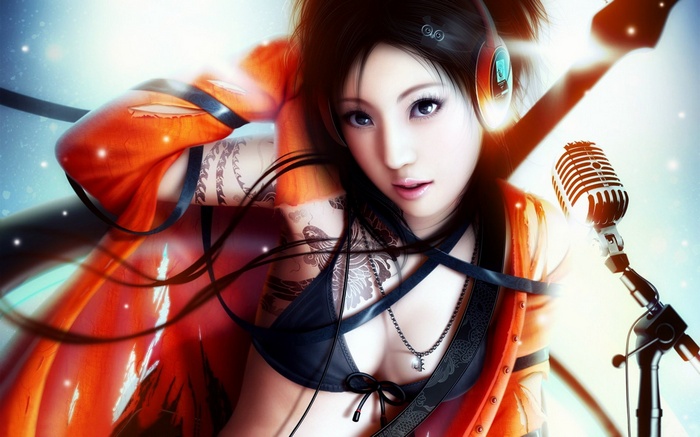 Anime girl with headphones and microphone