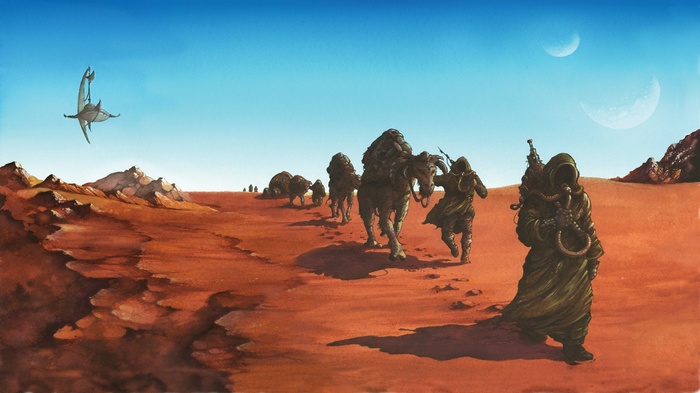Dopesmoker caravan in a desert landscape