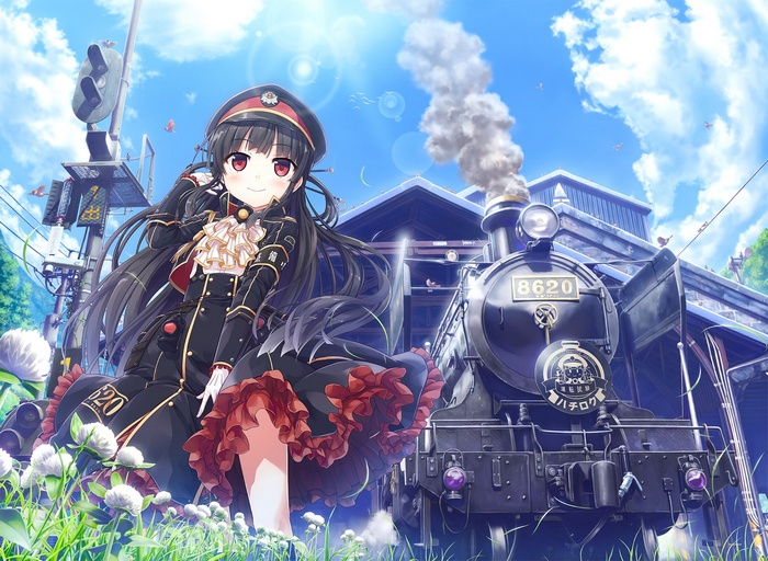 Anime girl in uniform with a steam train
