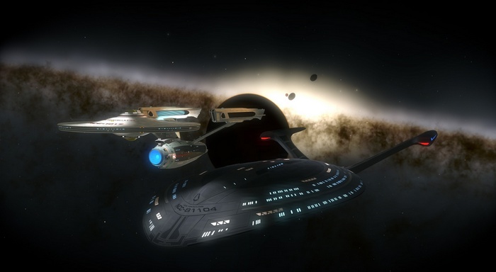 Star Trek ships near a black hole and galaxy