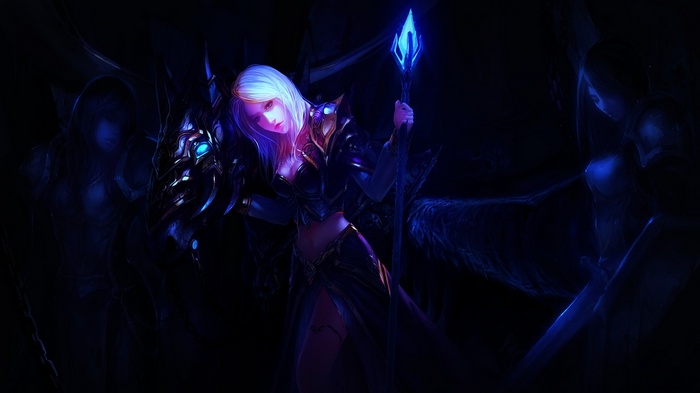 Jaina Proudmoore with magical staff and shadowy figures
