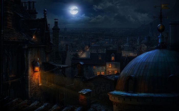 Cityscape at night under a full moon