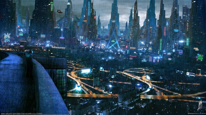 Cyberpunk futuristic city with neon lights and rain