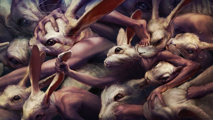 A disturbing pile of anthropomorphic rabbits