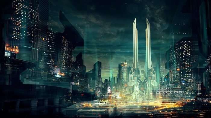 Futuristic cityscape artwork with tall buildings at night