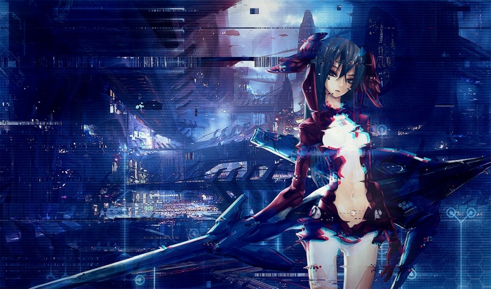 Anime girl with glitch art effect in futuristic city