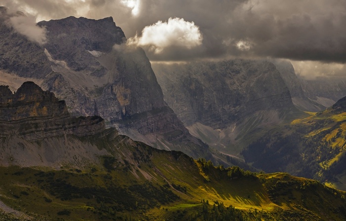 mountains, Alps, Europe, cliff, grass, hills, clouds, summer, valley, nature, landscape, forest, sun rays