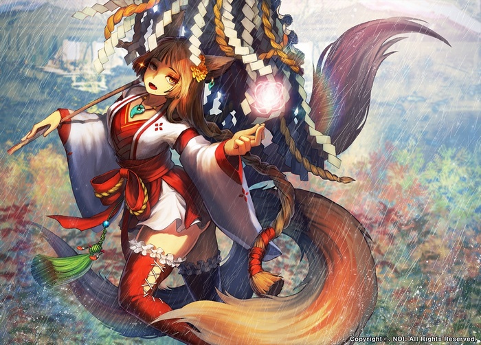 Kitsune girl with fox ears holding a glowing lotus in the rain