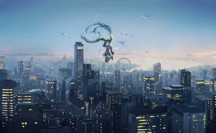 Hatsune Miku flying over a cityscape with birds