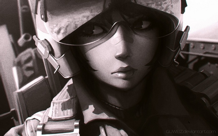 Artwork of a female pilot in a cockpit