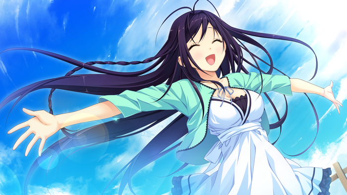 Kouzaki Umi in a white dress under the blue sky
