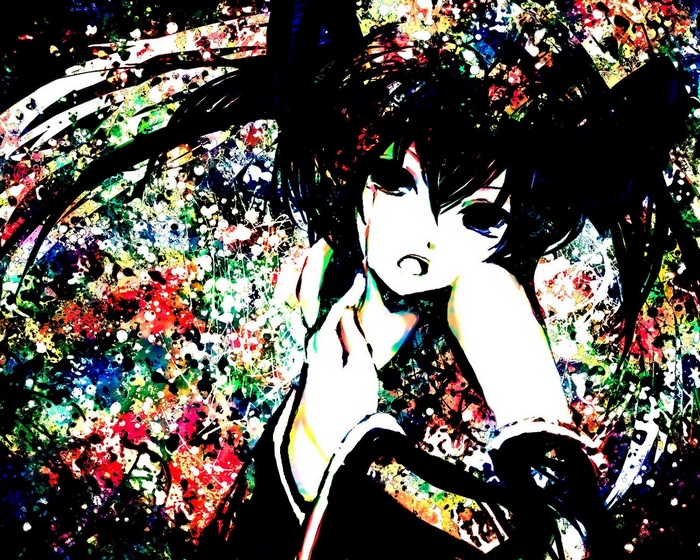 Black Rock Shooter Anime Girl with Colorful Splatter Background