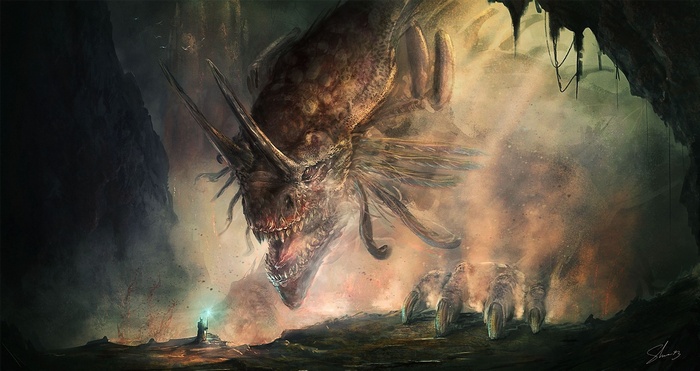 A fantasy dragon confronts a wizard in a cave
